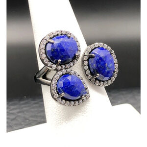Lapis Lazuli Ring JTV Natural Stone‎ CZ Rhodium Gunmetal Tone Adjustable Sz 7.5